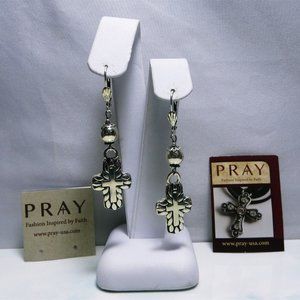 Silver Plated "PRAY" Faith Inspired Jewelry AS Leaf Cross Drop Earrings NOS